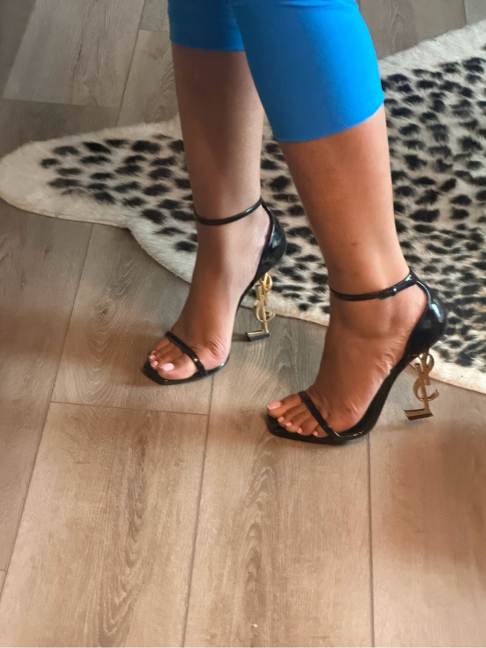 Ysl Black Patent Ankle-Strap Heels with Gold Logo Heel